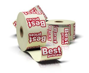 3 best price sticker rolls over a white background with reflections